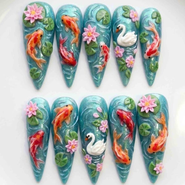 Luxury Koi Fish & Swan Press On Nails | 3D Lotus Flower Pond Nail Art | Teal Glitter Water Nails | Long Stiletto Handmade Fake Nails