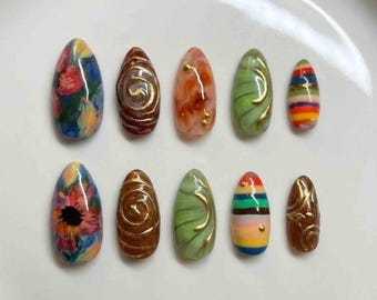 Handmade Abstract Retro Press On Nails | Gold Swirls, Stripes, Floral | Short Almond For Funky Artsy Vibes