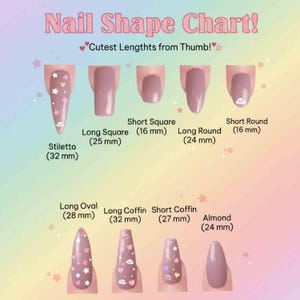 Puede incluir: Un gr&aacute;fico de formas de u&ntilde;as en colores pastel con el texto "Nail Shape Chart!" y "Cutest Lengthts from Thumb!". Muestra varias formas de u&ntilde;as, incluyendo Stiletto (32 mm), Long Square (25 mm), Short Square (16 mm), Long Round (24 mm), Short Round (16 mm), Long Oval (28 mm), Long Coffin (32 mm), Short Coffin (27 mm) y Almond (24 mm).