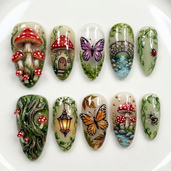 Enchanted Woodland Press On Nails | 3D Mushroom House, Bridge & Bee Nails | Cottage Long Almond Set
