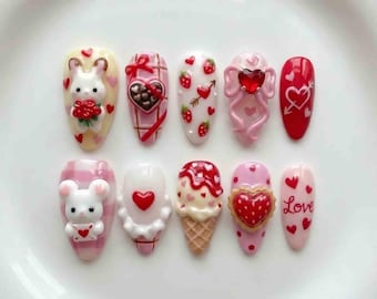 Handmade Valentine's Day Press On Nails | 3D Bunny Chocolate Strawberry & Heart Gems | Medium Almond | For Cute Romantic Sweet Date Night