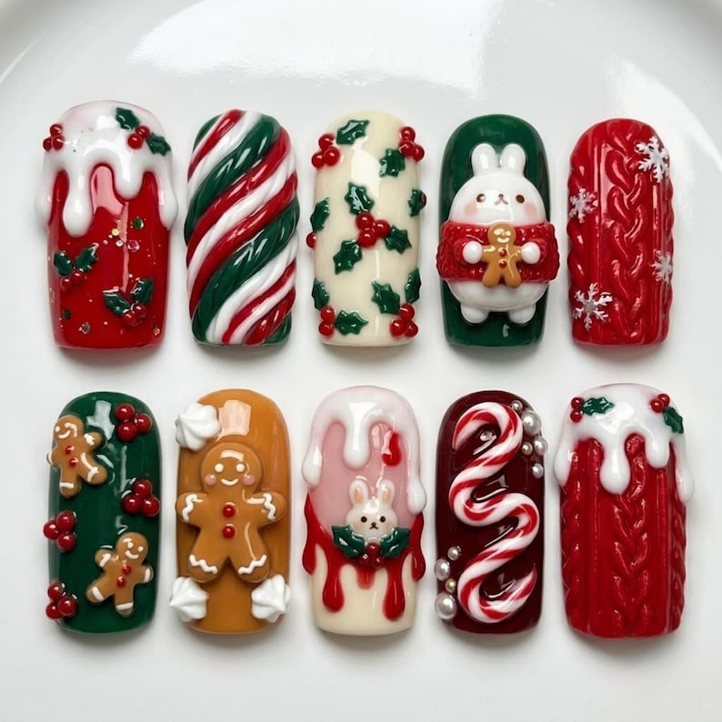 Christmas Press on Nails | Cute 3D Gingerbread Bunny Nail Art | Candy ...