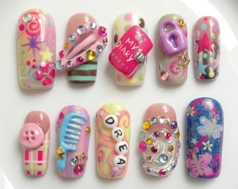 Uñas postizas estilo juguete nostálgico Y2K / Kawaii Kidcore Oval Star Butterfly 3D Decoden Retro