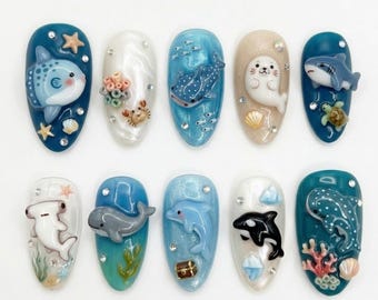 Kawaii Ocean Animal Press on Nails, Cute Shark Dolphin Whale Nails