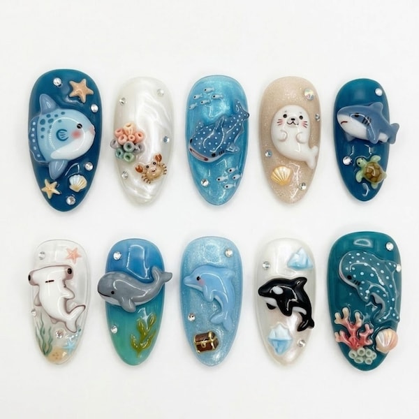 Kawaii Ocean Animal Press On Nails, Cute Shark Dolphin Whale Nails, Sea Creature Beach Nails, 3D Seal Orca Shell Nail Art Set