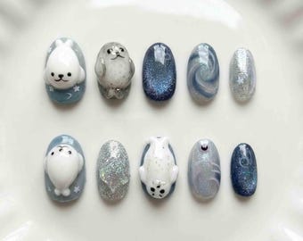 Handmade 3D Baby Seal Press On Nails | Galaxy Cat Eye & Glitter | Short Oval For Kawaii Winter Look