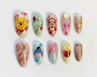 Handmade Winnie The Pooh Press On Nails | Pooh, Tigger, Piglet & Eeyore with Floral Glitter Details | Almond Nails For Whimsical Cute Vibes