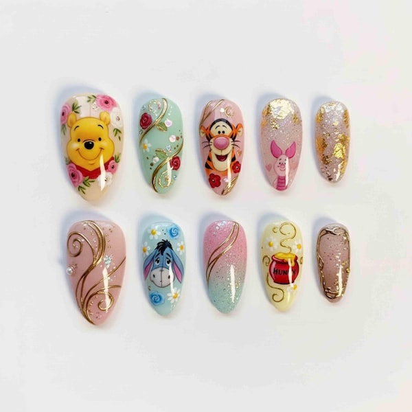 Handmade Winnie The Pooh Press On Nails | Pooh, Tigger, Piglet & Eeyore with Floral Glitter Details | Almond Nails For Whimsical Cute Vibes
