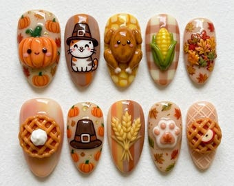 Uñas postizas de Acción de Gracias / Inspiración para la cosecha de otoño / Estilo de uñas almendradas brillantes / Uñas con diseño de pastel de calabaza y maíz / Diseño de uñas con dije de gato peregrino en 3D