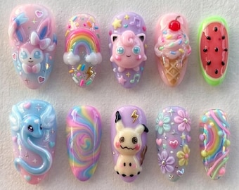 Kawaii Pokemon Press On Nails | Magical Anime Vibe | Sweet Pastel Almond Nails | Swirl Mini Daisy Nail | 3D Sculpted Gel Art Nail