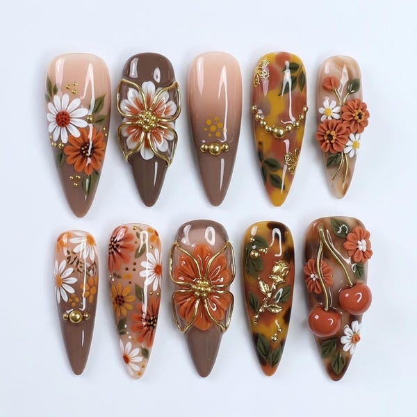 Floral Autumn Press On Nails | Daisy & Cherry Inspired | 3D Flower Almond Nails | Hand Painted Tortoiseshell Art | Luxury Nail Set