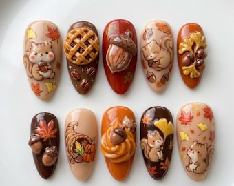 Uñas postizas acogedoras de otoño / Inspiración de la cosecha del bosque / Estilo de uñas almendradas brillantes / Uñas con hoja de arce y bellota / Diseño de uñas con dije de ardilla en 3D