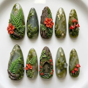 Enchanted Forest Press On Nails, 3D Moss & Ferns, Fairy Door, Red Mushrooms, Woodland Flowers, Cottagecore Nature Nail Art