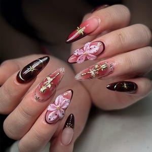 Handmade Burgundy Floral Press On Nails, 3D Pink Flower & Gold Foil Nail Art, Dark Red Elegant Nails for Party Glam Vibe