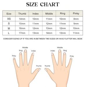 Puede incluir: Una tabla de tallas para u&ntilde;as, con medidas en mil&iacute;metros para el pulgar, el &iacute;ndice, el dedo medio, el anular y el me&ntilde;ique. Se enumeran las tallas XS, S, M y L. Se incluyen diagramas de manos.