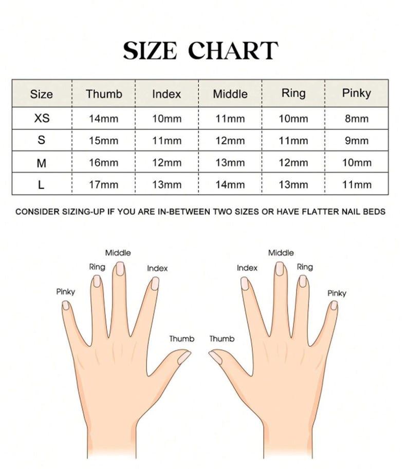 Puede incluir: Una tabla de tallas para u&ntilde;as, con medidas en mil&iacute;metros para el pulgar, el &iacute;ndice, el dedo medio, el anular y el me&ntilde;ique. Se enumeran las tallas XS, S, M y L. Se incluyen diagramas de manos.