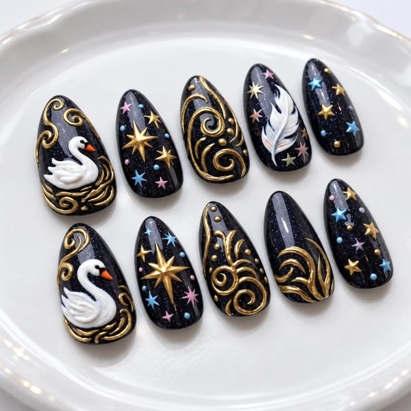 Celestial Swan Press On Nails | Night Sky Fantasy Inspired | Gold Almond Nails | White Swan Feather Star Nail Art
