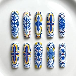 Mediterranean Tile Press On Nails | Summer Long Coffin Nails | Blue Mosaic Pattern Nails | Hand Painted Gel Nails | Vintage Boho Nails