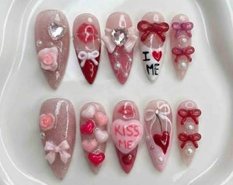 Handmade Valentine's Press On Nails | 3D Hearts, Bows & "KISS ME" Candy | Long Stiletto For Sweet Romantic Looks