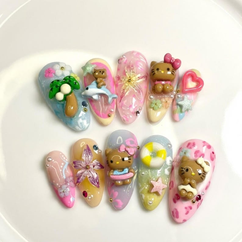 Uñas postizas de leopardo rosa pastel con diseño de gatito hawaiano de verano, adornos 3D de gyaru kawaii y flores de hibisco, set de uñas estéticas playeras Y2K imagen 1