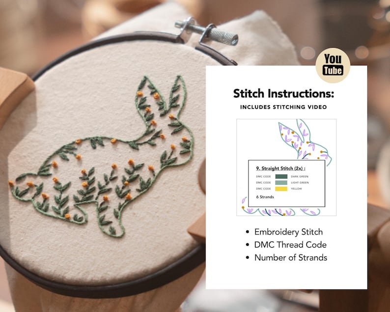 Bunny Floral Embroidery Pattern | Beginner DIY Hoop Art (PDF Pattern) image 4