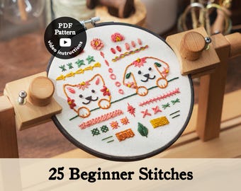 Beginner Practice Sampler Embroidery Pdf Pattern | Learn How To Embroider | Cat & Dog | 25 Beginner Stitches ( PDF Pattern + Video )