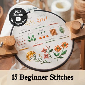Anfänger Hand Stickerei Praxis Sampler Muster Pdf | Tutorial-Video | Lernen Sie, wie Sie Blumen für Anfänger sticken | 15 Anfänger Stiche