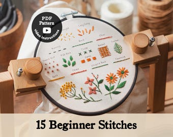 Beginner Hand Embroidery Practice Sampler Pattern Pdf | Tutorial Video | Learn How to embroider flowers for Beginners | 15 Beginner Stitches
