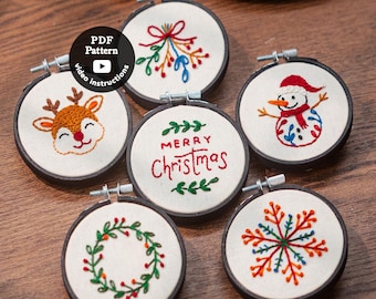 6 Festive Favourites Hand Embroidery Patterns Pdf | Mini Christmas Ornaments Embroidery Set | DIY Xmas Hoop Art | Beginner Easy Stitches