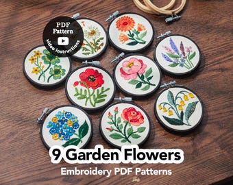 9 Garden Flowers | Floral Embroidery | 3” 4” 5” | Beginner Easy DIY Hoop Art | How To Embroider Flowers ( PDF Pattern + Video )