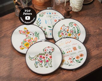 5-in-1 Beginner Hand Embroidery Pdf Pattern Bundle | Learn How To Embroider | Sampler and Animals | Dog, Cat, Bunny (PDF Pattern + Video )