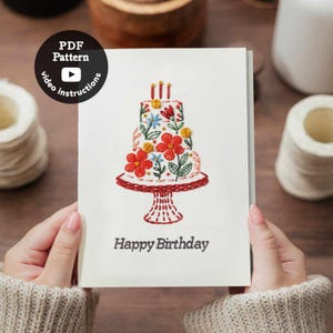 Op de afbeelding: Een witte wenskaart met een geborduurd ontwerp van een taart met meerdere lagen, versierd met rode, blauwe en gele bloemen op een rode taartstandaard, bekroond met drie kaarsjes. De tekst "Happy Birthday" staat in het grijs onder de taart.