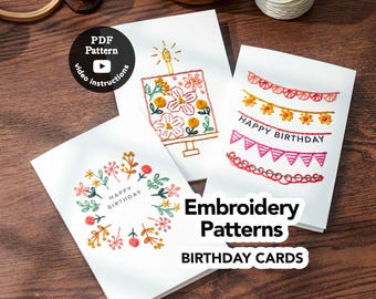 Birthday Card Embroidery Patterns PDF, Easy Beginner Hand Stitch Designs, DIY Handmade Greeting Card Printable Embroidery Set