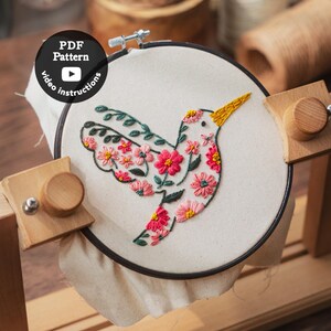 Hummingbird Embroidery Pattern | Floral Beginner DIY Hoop Art (PDF + Video Instructions)