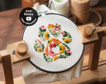 Heart Paw Floral embroidery pattern | Beginner Embroidery | Cute Love Pet Hand Embroidery ( PDF Pattern + Video )
