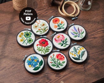 9 Garden Flowers | Floral Embroidery | 3” 4” 5” | Beginner Easy DIY Hoop Art | How To Embroider Flowers ( PDF Pattern + Video )