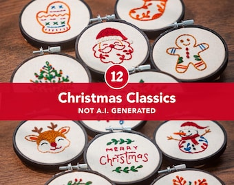 12 Christmas Classics Hand Embroidery Patterns Pdf | Mini Christmas Ornaments Embroidery Set | DIY Xmas Hoop Art | Beginner Easy Stitches
