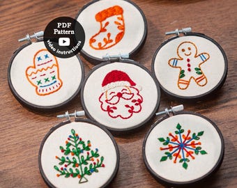 6 Christmas Classics Hand Embroidery Patterns Pdf | Mini Christmas Ornaments Embroidery Set | DIY Xmas Hoop Art | Beginner Easy Stitches