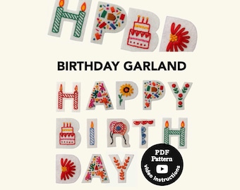 Birthday Garland Embroidery Pattern PDF, Easy Beginner Hand Stitch Banner, DIY Birthday Party Decoration Printable Design