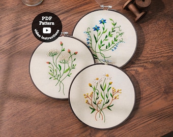 3 Wildflowers Embroidery Pdf Pattern | 5”, 6”, 7” Handembroidery Hoop | Beginner Easy DIY Embroidery | Petal Floral Pdf Pattern