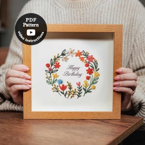 Birthday Art Embroidery Pattern PDF  |  easy beginner hand stitch greeting card  |  printable canva editable message ( Digital Download )