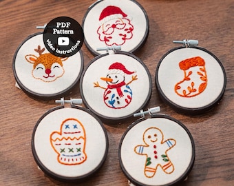6 Cozy Cuties Embroidery Patterns Pdf | Christmas Ornaments | Mini Christmas Embroidery Set | DIY Xmas Hoop Art | Beginner Easy Stitches