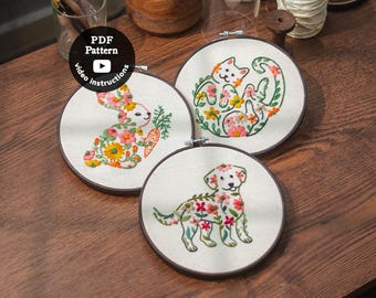 Dog, Cat & Bunny Embroidery Patterns Bundle | 3 Cute Pet Designs | Beginner Hand Embroidery ( Embroidery PDF Pattern + Video )