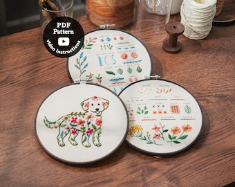 3-in-1 Bundle | Hand Embroidery Pdf Patterns | 2 Samplers + 1 Dog | 7” Hoop | Easy Beginner DIY Learn How To Embroider (Pdf Pattern + Video)