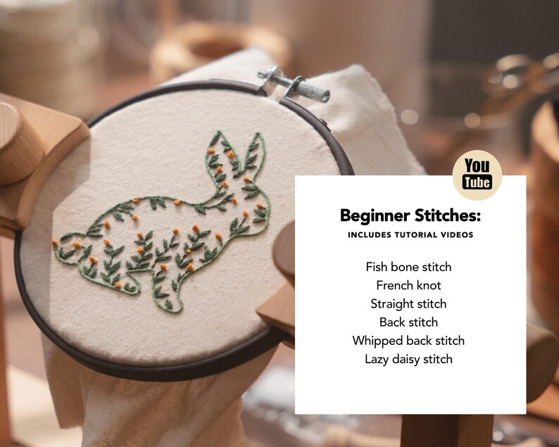 Bunny Floral Embroidery Pattern | Beginner DIY Hoop Art (PDF Pattern) image 3