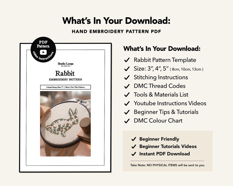 Bunny Floral Embroidery Pattern | Beginner DIY Hoop Art (PDF Pattern) image 2