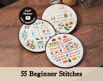 55 Beginner Stitches | 3-in-1 Bundle | Beginner Practice Sampler Hand Embroidery Pattern Pdf | Learn How to embroider (PDF Pattern + Video)