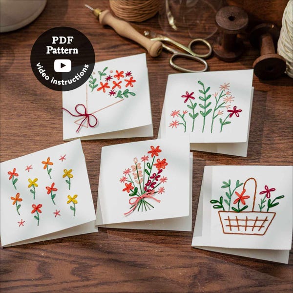 5 Floral Gift Cards Embroidery Patterns PDF – Easy Beginner Designs — Greeting Cards (Instant Download)