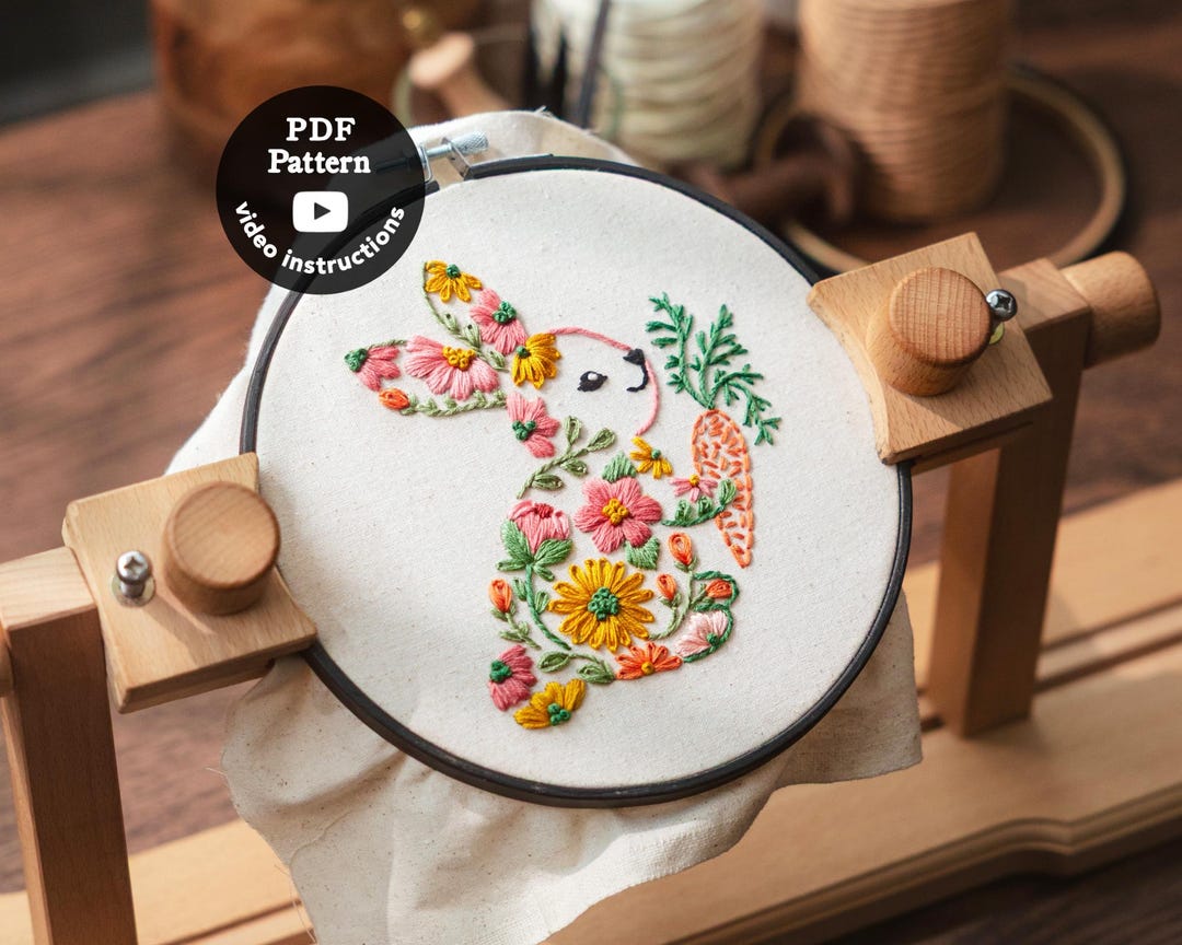 Bunny Embroidery Pattern | Floral Rabbit DIY Hoop Art (PDF Pattern ...
