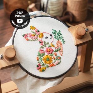Bunny Embroidery Pattern | Floral Rabbit DIY Hoop Art (PDF Pattern + Video)